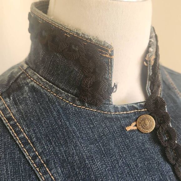 Dollhouse Denim Upcycled Custom Jacket, Military Style, Lace, Sequin Patch, M - Picture 3 of 8
